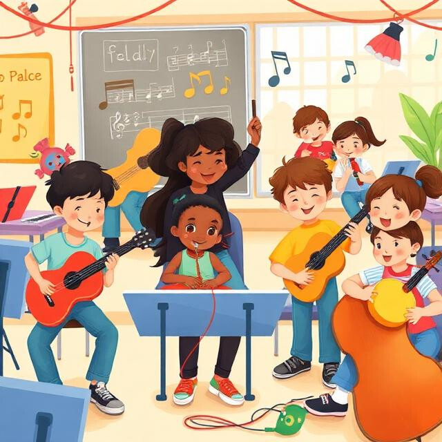 Illustrazione vivace di un'aula scolastica colorata dove un gruppo di bambini partecipa a una lezione di musica guidata da un'insegnante. L'insegnante, al centro, tiene una bacchetta alzata mentre i bambini attorno a lei suonano con entusiasmo vari strumenti, tra cui piccole chitarre acustiche e un violoncello. Sullo sfondo si notano una lavagna con disegnati dei pentagrammi, spartiti musicali, decorazioni festive rosse e piante in vaso.