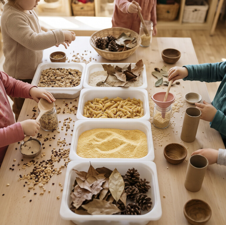 Inquadratura dall'alto di bambini piccoli che giocano e travasano materiali naturali, come pasta, foglie, pigne e granaglie, disposti in vaschette e cestini su un tavolo di legno