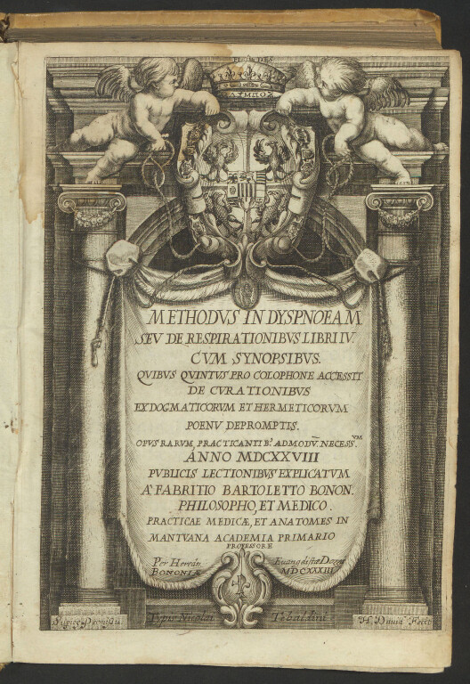 8.2 FABRIZIO BARTOLETTI, Methodus in dyspnoeam seu de respirationibus libri IV  Bologna, Nicolò Tebaldini, eredi di Evangelista Dozza,1633. 4°