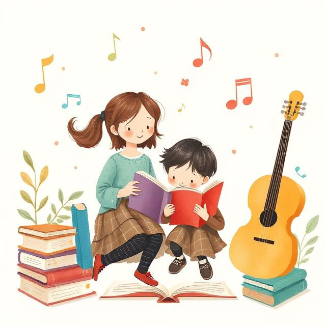 Illustrazione delicata su sfondo bianco che mostra due bambini seduti vicini mentre leggono dei libri. Sulla sinistra c'è una pila di libri colorati, mentre sulla destra una chitarra acustica è appoggiata sopra un'altra piccola pila di libri. Sopra le loro teste fluttuano nell'aria note musicali colorate sparse, creando un legame visivo tra la lettura e la musica.