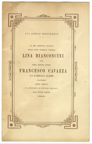 copertina di Pubblicazione per nozze offerta agli sposi dalla famiglia Rabbi il 16 aprile 1885