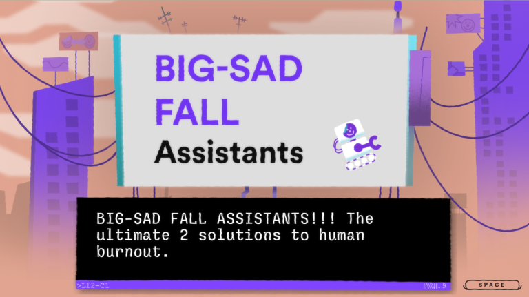 copertina di Indici Opponibili lancia “Big-Sad Fall Assistants”, un videogame tra futuro e burnout