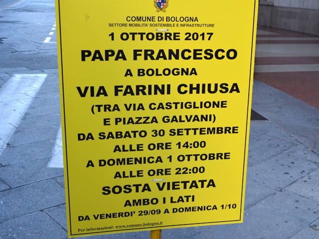 Limitazioni al traffico per la venuta del Papa a Bologna