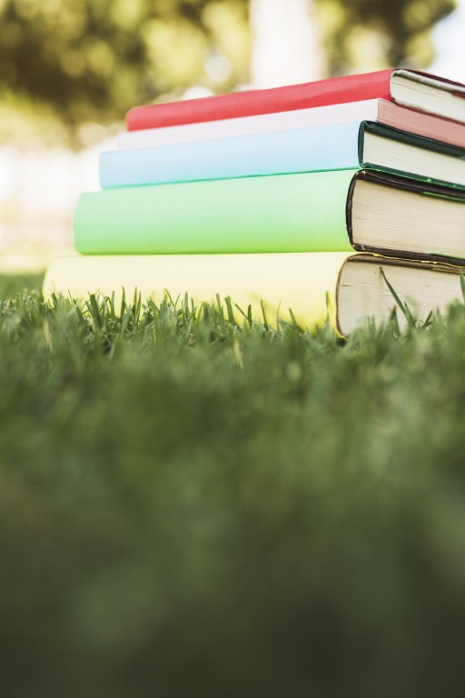 textbook pile with bright covers green grass