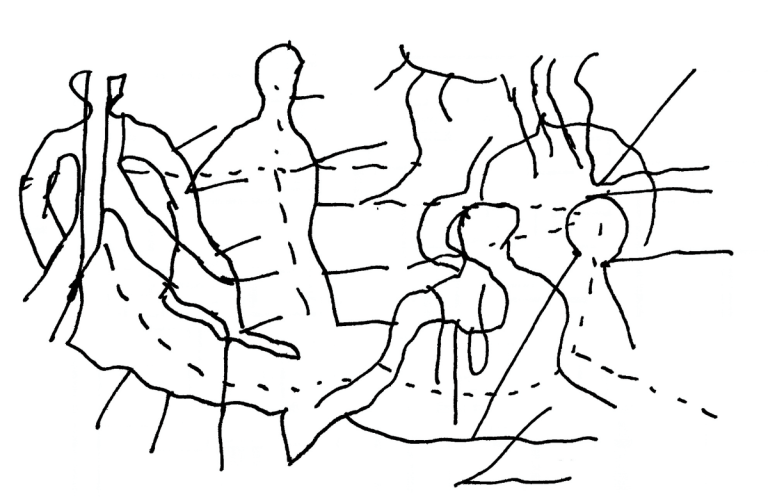 Un disegno a mano libera con linee nere su fondo bianco, che abbozza sagome di corpi unite da linee tratteggiate, e incrociate a forme geometriche