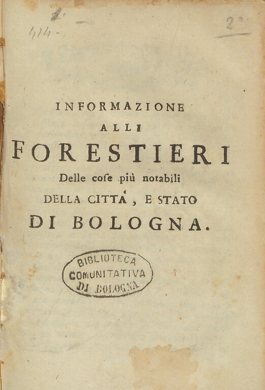 copertina di Informazione alli forestieri delle cose più notabili della città, e stato di Bologna 