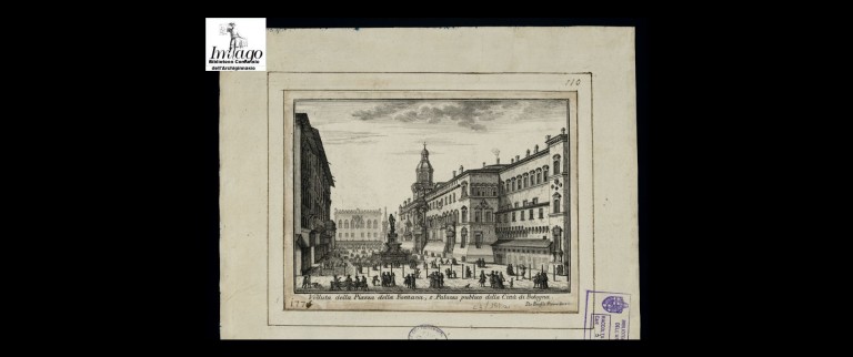 immagine di Pio Panfili, Veduta della Piazza della Fontana, e Palazzo Pubblico della Città di Bologna - Incisione