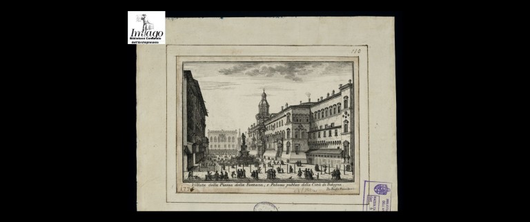 image of Pio Panfili, Veduta della Piazza della Fontana, e Palazzo Pubblico della Città di Bologna - Incisione