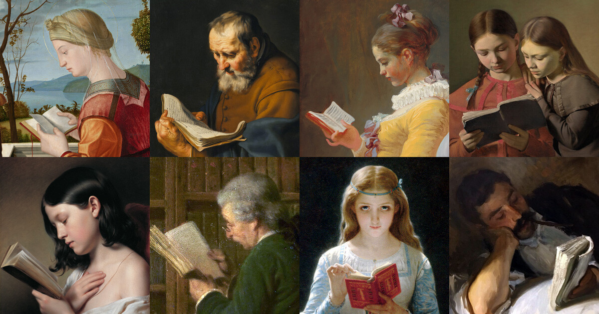 immagine composta da diversi quadri di persone che leggono