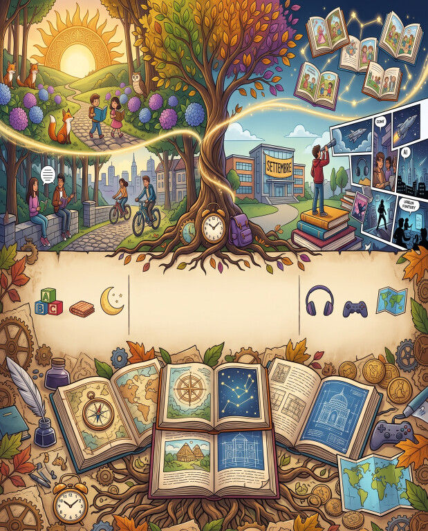 "Illustrazione in stile fiabesco dal formato leggermente verticale. Al centro domina un grande albero della conoscenza con foglie dai toni autunnali, affiancato da scene che evocano la lettura e il rientro a scuola di settembre: a sinistra bambini che camminano in un bosco fiorito leggendo libri, a destra ragazzi intenti ad esplorare fumetti, mappe e storie d'avventura. In basso sono disposti libri aperti con illustrazioni di costellazioni e architetture, bussole e oggetti per lo studio su uno sfondo caldo di foglie autunnali.
