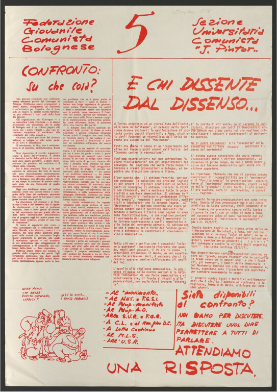 Federazione giovanile comunista bolognese. Sezione Universitaria comunista "J. Pintor". [senza titolo] n. 5, 22 settembre 1977.