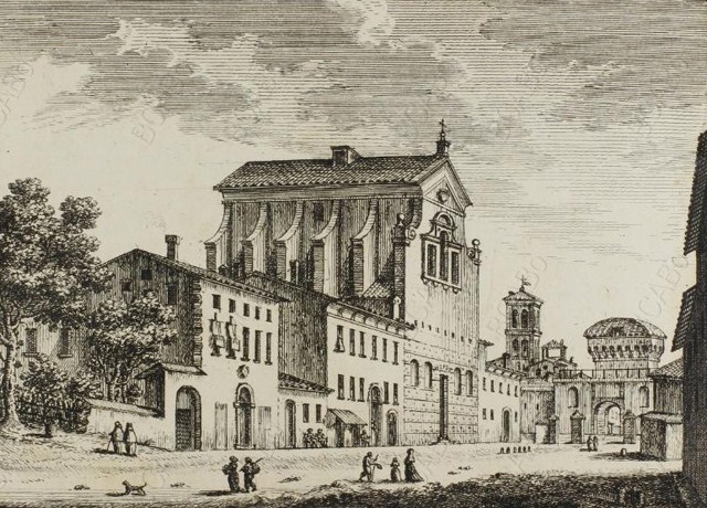 La chiesa della Acque in una veduta di Pio Panfili - Fonte: Biblioteca comunale dell'Archiginnasio (BO)