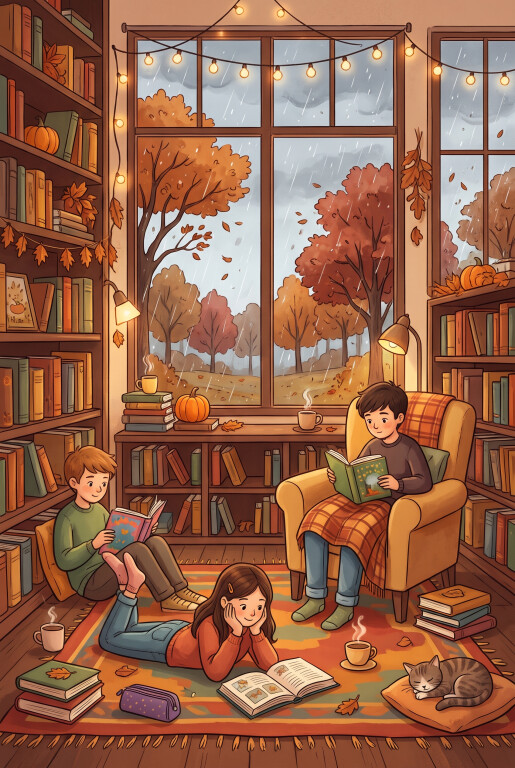 Un’illustrazione verticale e colorata in stile cartoon, ricca di dettagli autunnali, che ritrae tre ragazzi che leggono in un’accogliente stanza o biblioteca durante un giorno di pioggia a novembre. Al centro, una grande finestra mostra un paesaggio autunnale con alberi dalle foglie arancioni e marroni sotto una leggera pioggia. La stanza è calda e illuminata da lucine sospese in alto e da una lampada da lettura.
A sinistra, un ragazzo è seduto a terra appoggiato a una libreria, sfogliando un libro. Al centro in basso, una ragazza è sdraiata a pancia in giù su un tappeto, concentrata su un libro aperto davanti a lei. A destra, un altro ragazzo legge comodamente seduto su una poltrona, coperto da una coperta a quadri.
L'ambiente è colmo di dettagli accoglienti: scaffali stracolmi di libri, pile di volumi a terra, tazze fumanti, piccole zucche, foglie secche sparse e un gatto striato addormentato su un piccolo tappeto in basso a destra. L’atmosfera è intima, serena e interamente dedicata al piacere della lettura.