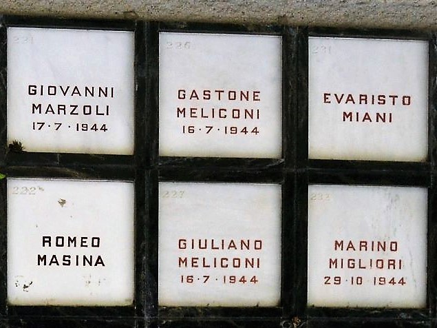 Tombe di Gastone e Giuliano Meliconi e altri partigiani nel Monumento Ossario ai Caduti Partigiani della Certosa (BO)