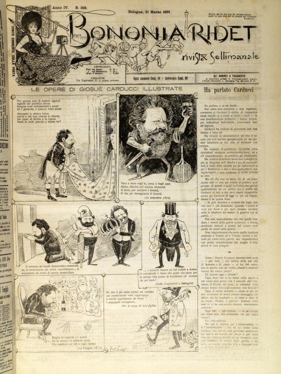 immagine di Carducci in varie caricature di Rata Langa in «Bononia ridet» (1891)