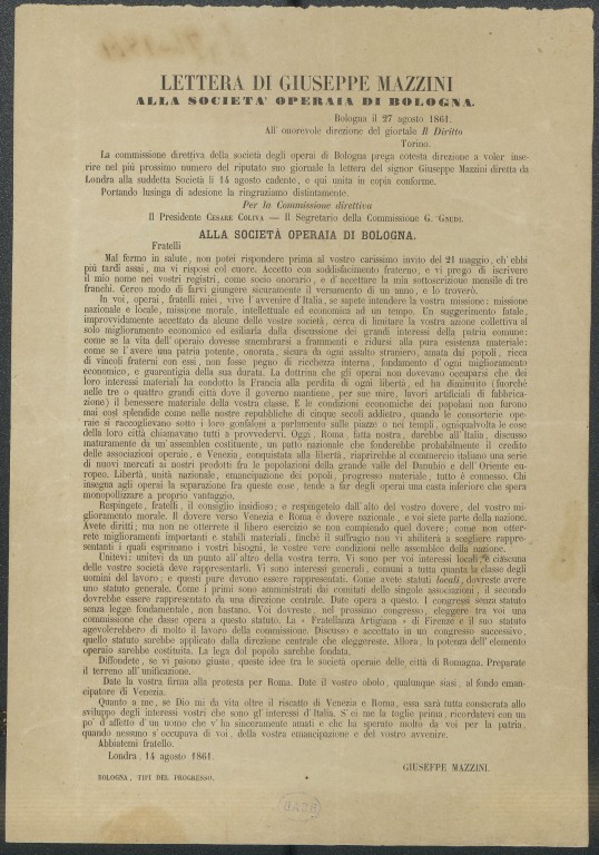 immagine di Lettera di Giuseppe Mazzini alla Società Operaia di Bologna (1861)