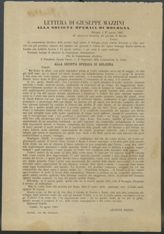 Lettera di Giuseppe Mazzini alla Società Operaia di Bologna (1861)