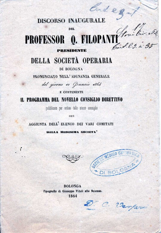 cover of Discorso inaugurale del professor Q. Filopanti presidente della Societa operaia di Bologna