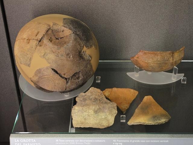 Frammenti di tazze e vasi decorati provenienti dagli scavi della Grotta del Farneto 