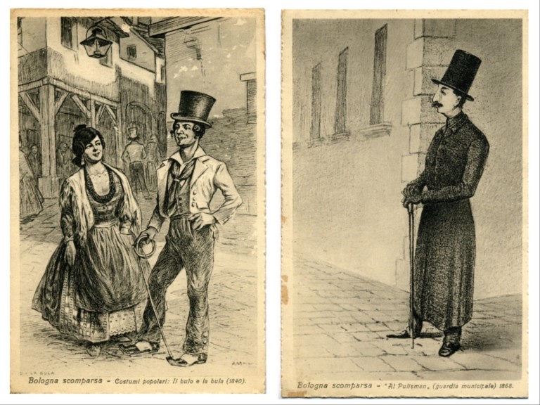 immagine di Bologna scomparsa, Il bulo e la bula (1840) e Al Pulisman (guardia municipale) (1868)