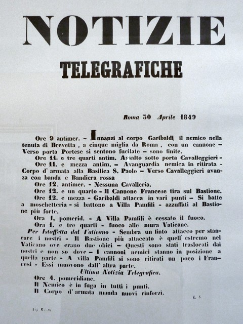 Cronaca telegrafica degli scontri tra garibaldini e truppe francesi a Roma il 30 aprile 1849