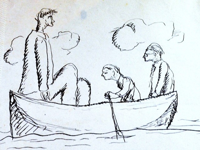 Longanesi, Morandi e Raimondi in barca - Leo Longanesi - Fonte: Mostra "Giorgio Bassani: Officina bolognese (1934-1943)" - Archiginnasio - 2016