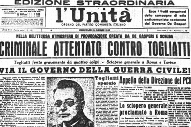 La prima pagina dell'organo comunista "L'Unità" dopo l'attentato a Togliatti 