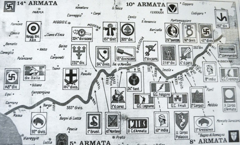 Gli schieramenti Tedeschi e Alleati sulla Linea Gotica nella primavera del 1945 - Fonte: ANPI Faenza - Museo della Resistenza di Cà Malanca