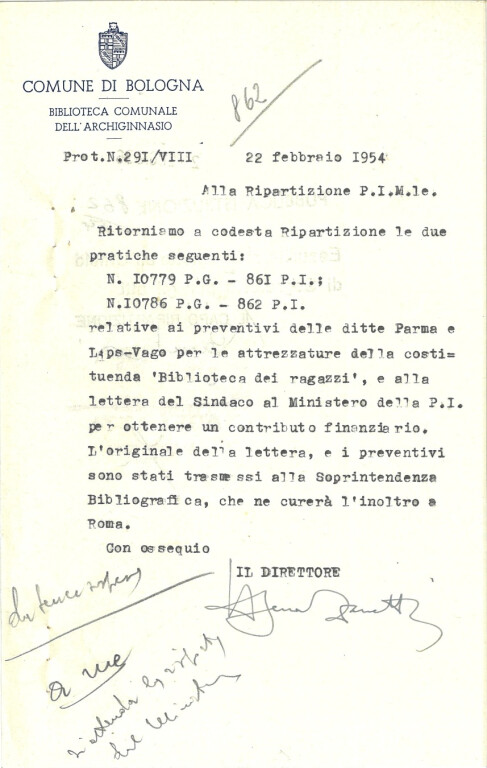 Lettera della Biblioteca Comunale dell'Archiginnasio alla Ripartizione Pubblica Istruzione (22 febbraio 1954)