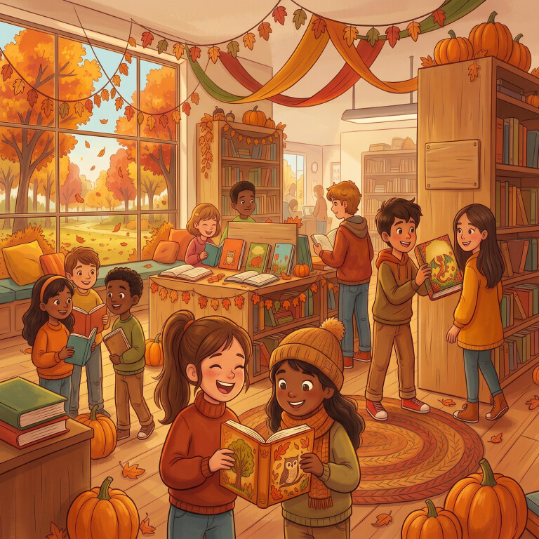 Un’illustrazione accogliente in formato quadrato di bambini e ragazzi felici in una biblioteca decorata per l’autunno, intenti a leggere e sfogliare libri circondati da zucche e foglie d'acero.
