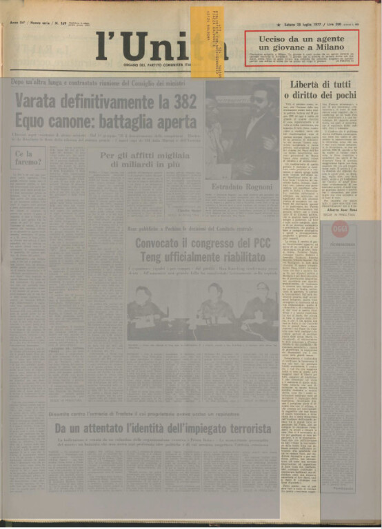 Alberto Asor Rosa,&nbsp;Libertà di tutti o diritto dei pochi, «L'Unità», 23 luglio 1977, p. 1 e 15.