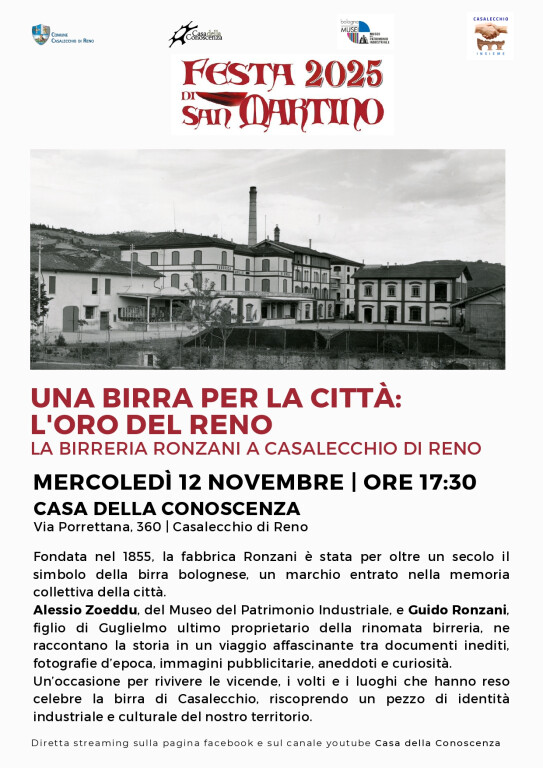 copertina di Una birra per la città: l'oro del Reno, la Birreria Ronzani a Casalecchio di Reno