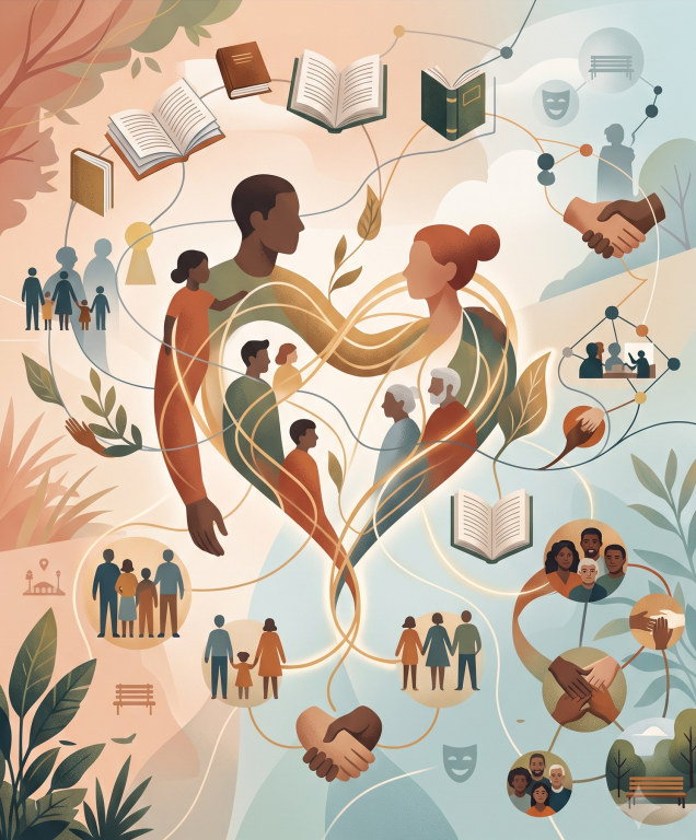 Illustrazione concettuale e stilizzata sul tema della comunità e della connessione umana. Al centro, due figure umane di profilo formate da nastri luminosi si intrecciano fino a creare la forma di un grande cuore. All'interno e attorno a questo cuore sono racchiuse ed intrecciate diverse silhouette di persone, famiglie e anziani. Intorno alla composizione centrale si sviluppa una rete di linee connesse a varie icone e illustrazioni circolari che raffigurano libri aperti, strette di mano, piccoli gruppi di persone, maschere teatrali, panchine e parchi. I toni dell'immagine sono morbidi, con sfumature di beige, arancione, verde e azzurro.