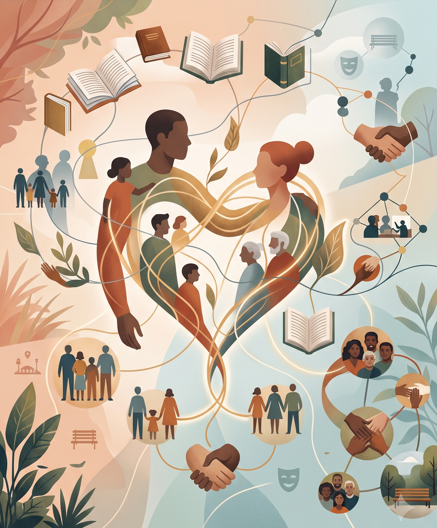 Illustrazione concettuale e stilizzata sul tema della comunità e della connessione umana. Al centro, due figure umane di profilo formate da nastri luminosi si intrecciano fino a creare la forma di un grande cuore. All'interno e attorno a questo cuore sono racchiuse ed intrecciate diverse silhouette di persone, famiglie e anziani. Intorno alla composizione centrale si sviluppa una rete di linee connesse a varie icone e illustrazioni circolari che raffigurano libri aperti, strette di mano, piccoli gruppi di persone, maschere teatrali, panchine e parchi. I toni dell'immagine sono morbidi, con sfumature di beige, arancione, verde e azzurro.
