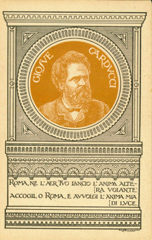 image of Ritratto di Giosue Carducci incorniciato dal disegno di un cippo