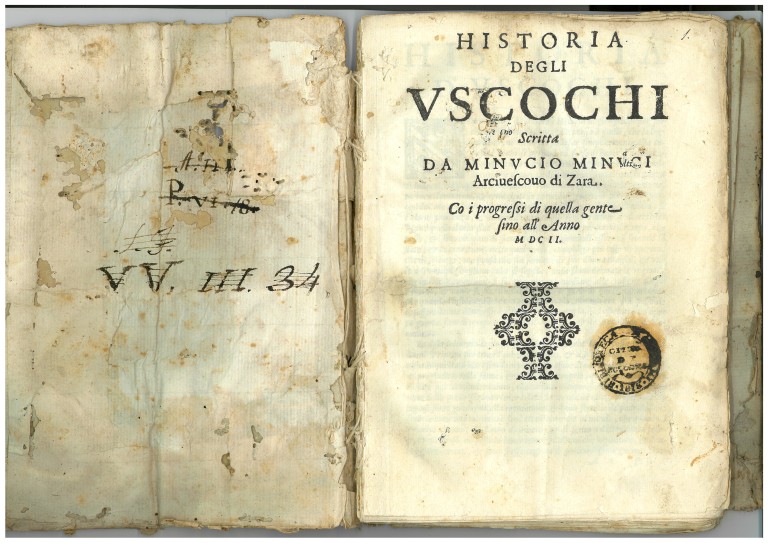 copertina di Minuccio Minucci, Historia degli Uscochi (1606)