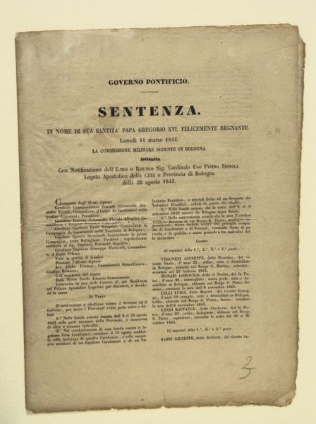 Sentenza di condanna contro i partecipanti al moto di Savigno del 1843 