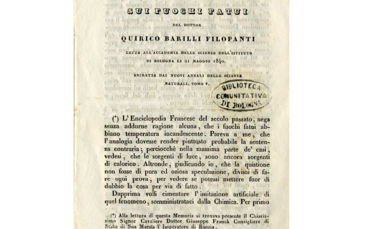 copertina di Memoria sui fuochi fatui del dottor Quirico Barilli Filopanti letta all'Accademia delle scienze dell'Istituto di Bologna li 21 maggio 1840