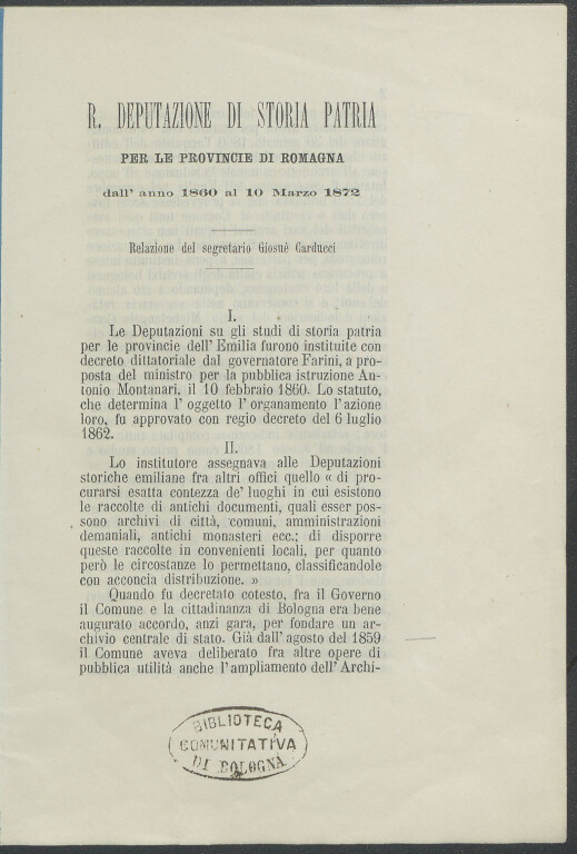 Giosue Carducci, R. Deputazione di Storia patria per le Province di Romagna dall'anno 1860 al 10 Marzo 1872. Relazione del segretario (Bologna, Tip. Gov., 1872)