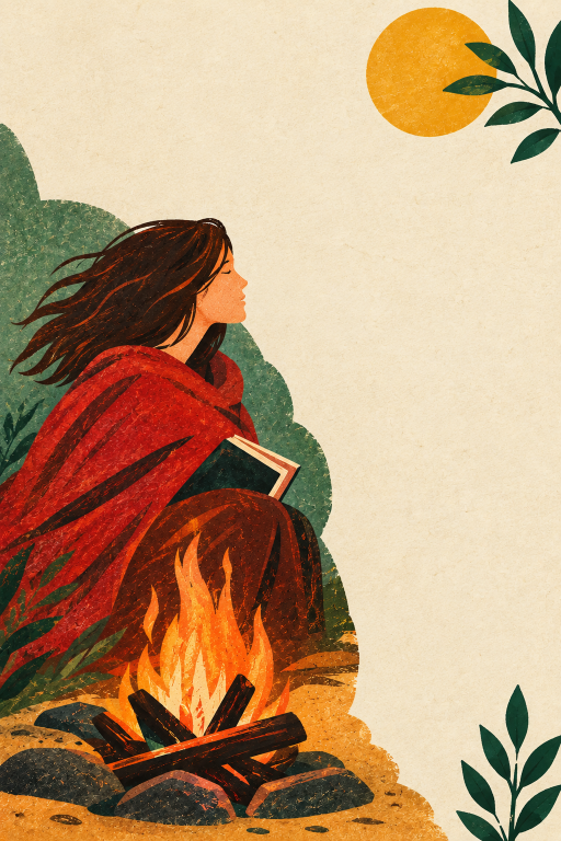 Illustrazione di una ragazza avvolta in una coperta rossa, seduta vicino a un falò con un libro tra le mani, sotto un grande sole giallo.