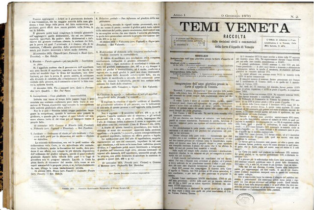 Temi veneta: raccolta delle decisioni civili e commerciali della Corte d'Appello di Venezia. Venezia, Tip. Marco Visentini, 1876-1900 (BCABo, Bolaffio A.5)