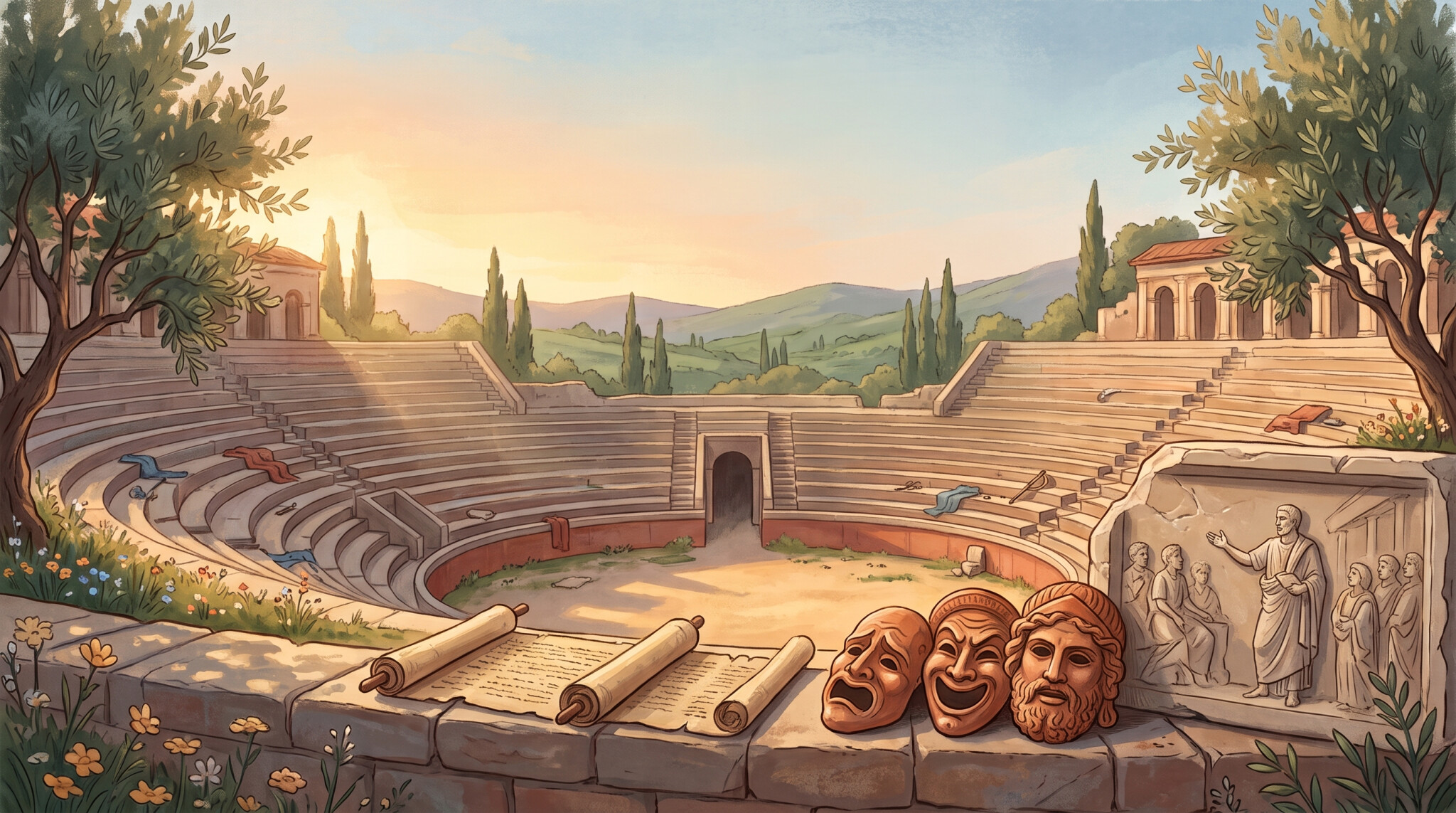 Un antico teatro greco-romano in pietra immerso in un paesaggio di colline e cipressi sotto una luce calda al tramonto. In primo piano, su un muretto, sono appoggiate tre maschere teatrali classiche, due pergamene scritte e srotolate, e una lastra in pietra scolpita con un bassorilievo che raffigura un oratore che parla a un pubblico.