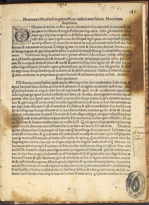 Manfredi Girolamo Hieronymi Manfredi in pronosticon iudicii anni salutis 1490 