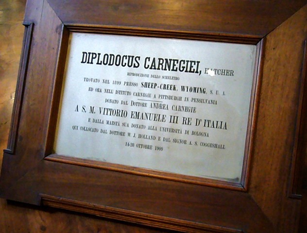Targa a ricordo della donazione del Diplodocus Carnegiei 