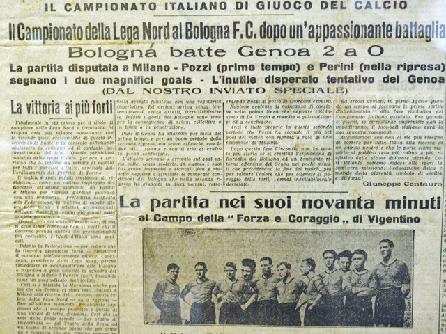 La vittoria ai più forti - L'articolo di G. Centauro celebra la vittoria del Bologna - Mostra Bologna FC - Baraccano 2015