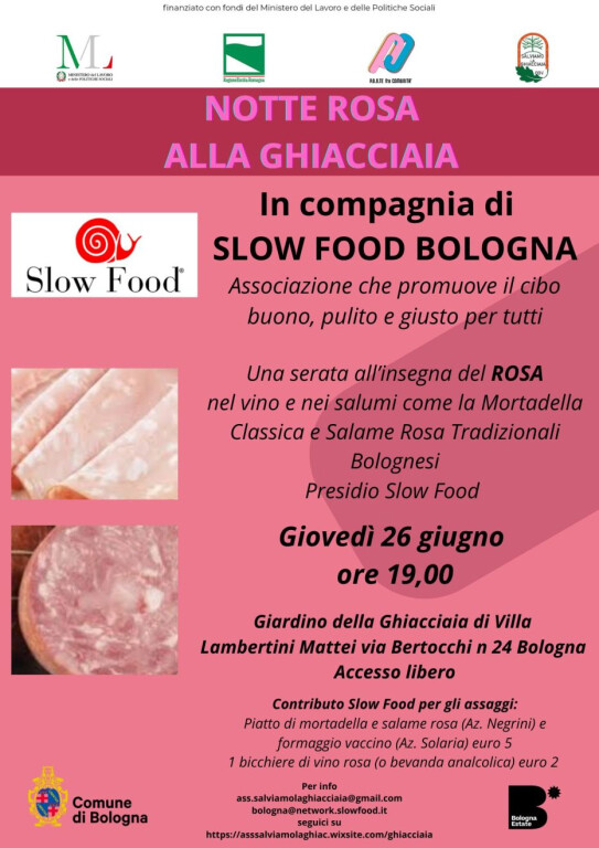 copertina di Notte rosa alla Ghiacciaia in compagnia di Slow Food Bologna