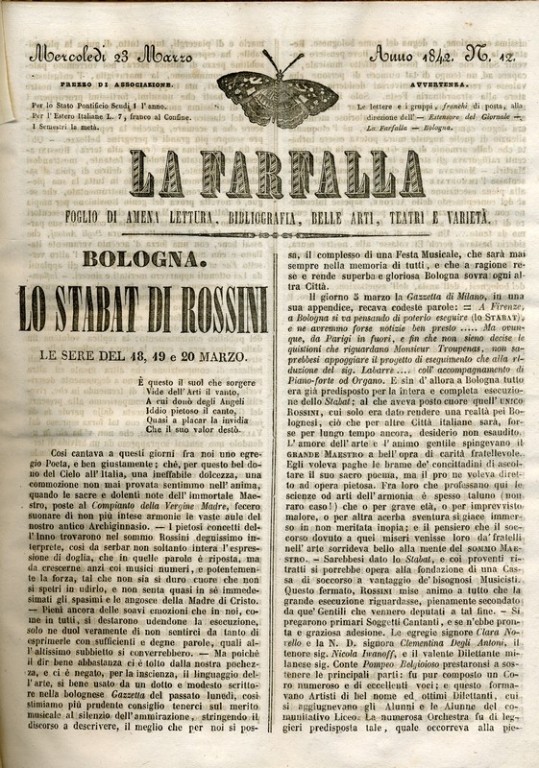 "La farfalla. Foglio di amena letteratura, bibliografia, belle arti, teatri e varietà", n. 12, 23 marzo 1842