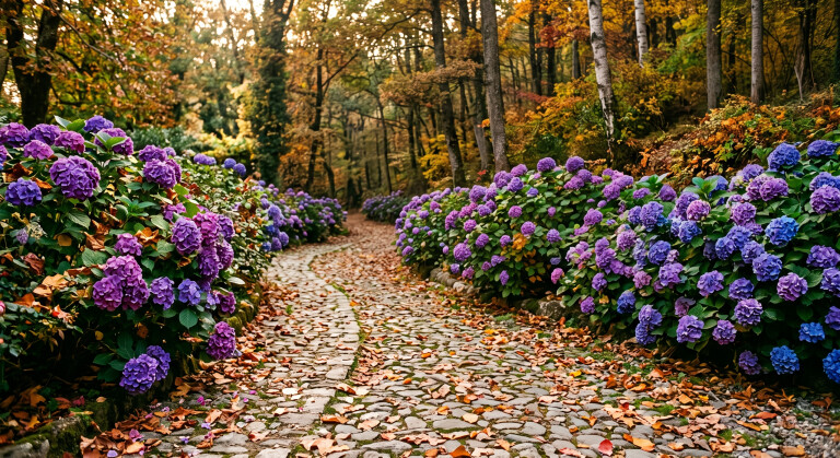 "Un sentiero acciottolato si snoda attraverso una foresta autunnale colorata, fiancheggiata da un'abbondanza di cespugli di ortensie viola e blu vivaci. Il terreno è coperto da foglie d'autunno arancioni e marroni, creando un contrasto tra i fiori e le foglie che cadono. La luce soffusa e filtrata crea un'atmosfera magica e serena."