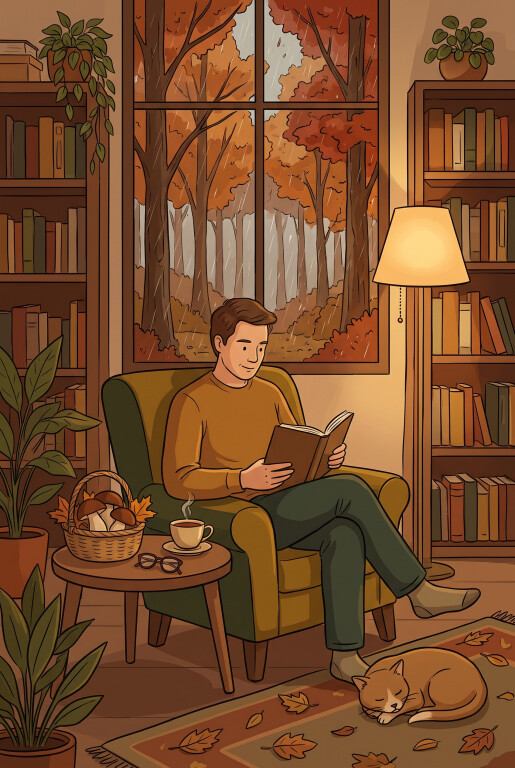 Un’illustrazione verticale a colori dal tono caldo e rilassante, pensata per una locandina autunnale senza testo. Al centro, un uomo adulto è seduto su una comoda poltrona verde mentre legge attentamente un libro aperto. È vestito con abiti da casa confortevoli e illuminato dalla luce soffusa di una piantana da terra accesa accanto a lui. Alle sue spalle, un’ampia finestra mostra un bosco autunnale con alberi dalle foglie ramate sotto una pioggia leggera. La stanza è arredata con due alte librerie piene di volumi e piante in vaso. Accanto alla poltrona, su un tavolino rotondo in legno, si trovano una tazza fumante, un paio di occhiali da lettura e un cestino di vimini colmo di funghi porcini raccolti e foglie secche. Ai piedi dell'uomo, su un tappeto decorato con motivi autunnali, un gatto beige e bianco riposa serenamente raggomitolato. L'intera scena trasmette quiete, calore e l'intimità tipica della lettura a novembre.