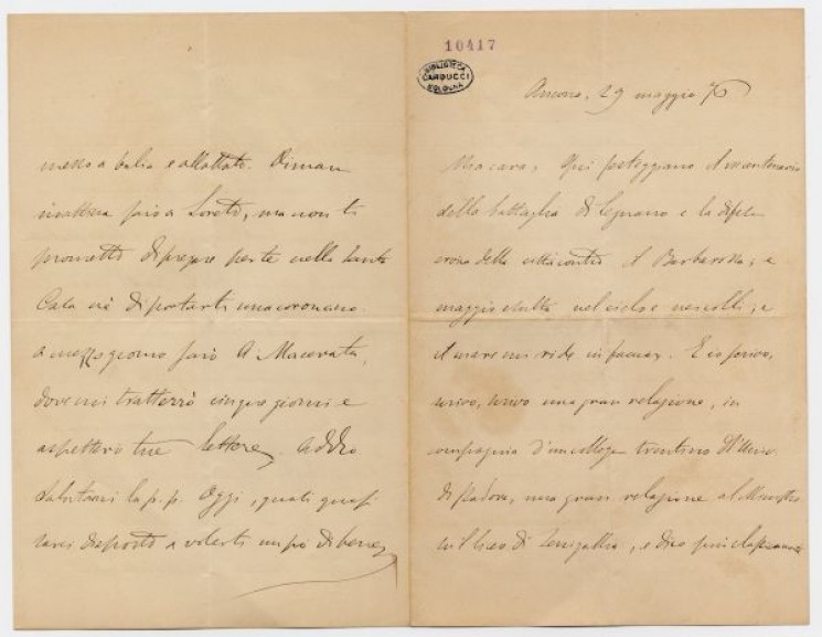 immagine di Carducci riferisce a Lidia dell'ispezione al Liceo di Senigallia, il 29 maggio 1876
